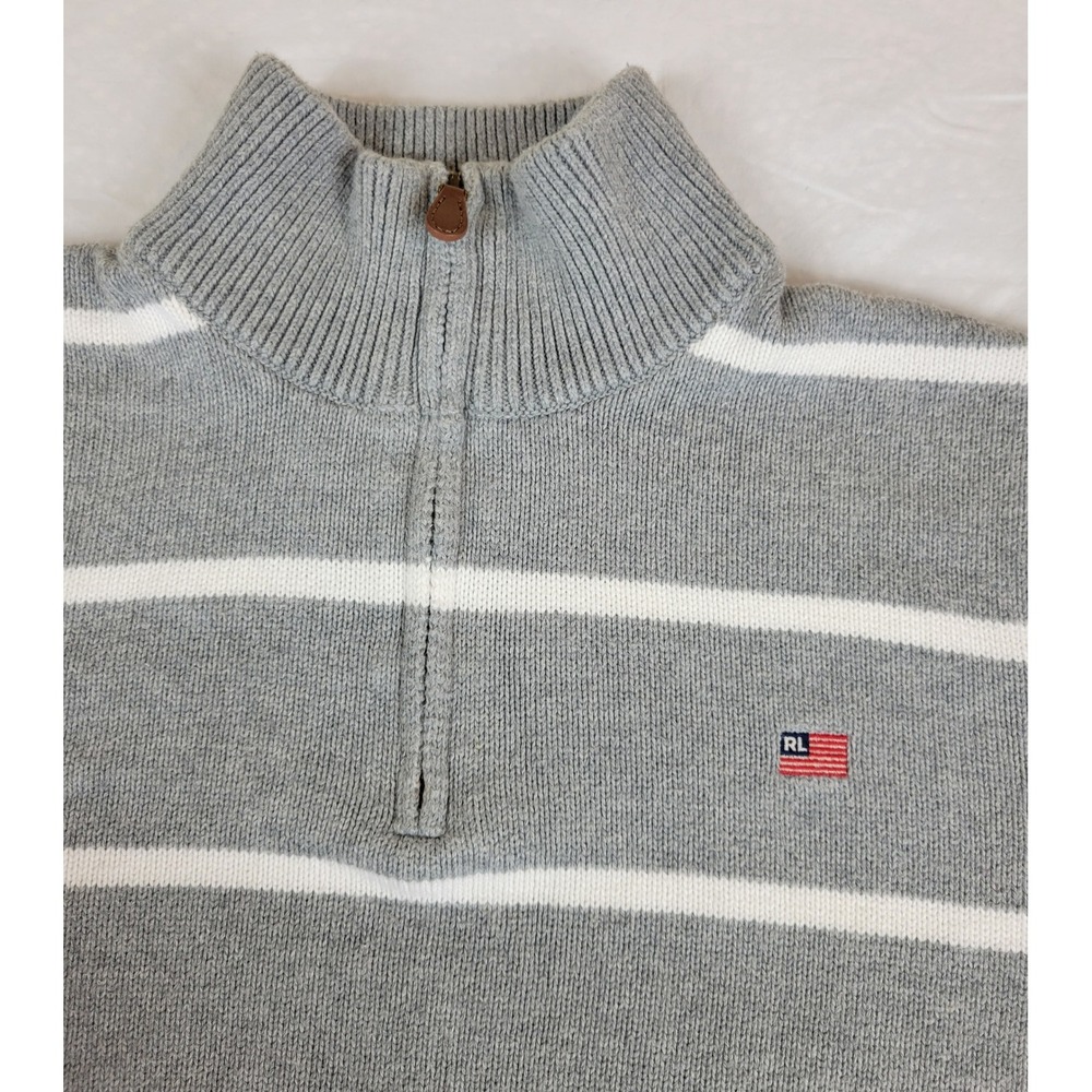 Polo Jeans Co Ralph Lauren Mens‎ Medium Gray Striped 1/4 Zip Cotton Sweater Flag